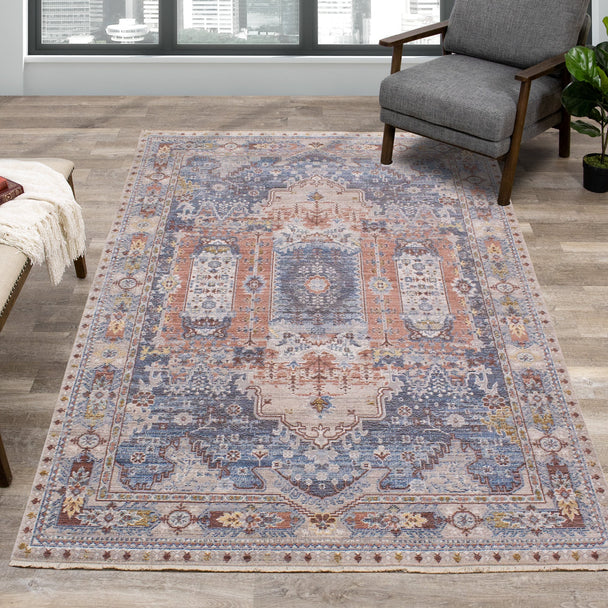 Monaco Grey Blue Orange Elaborate Border Rug - Furniture Depot