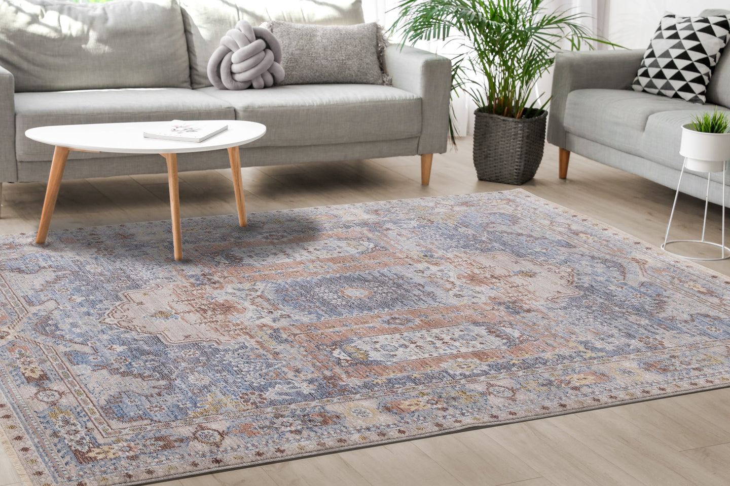 Monaco Grey Blue Orange Elaborate Border Rug - Furniture Depot