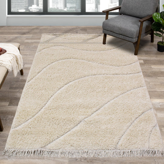 Novato Cream Curves Shag Rug - Furniture Depot