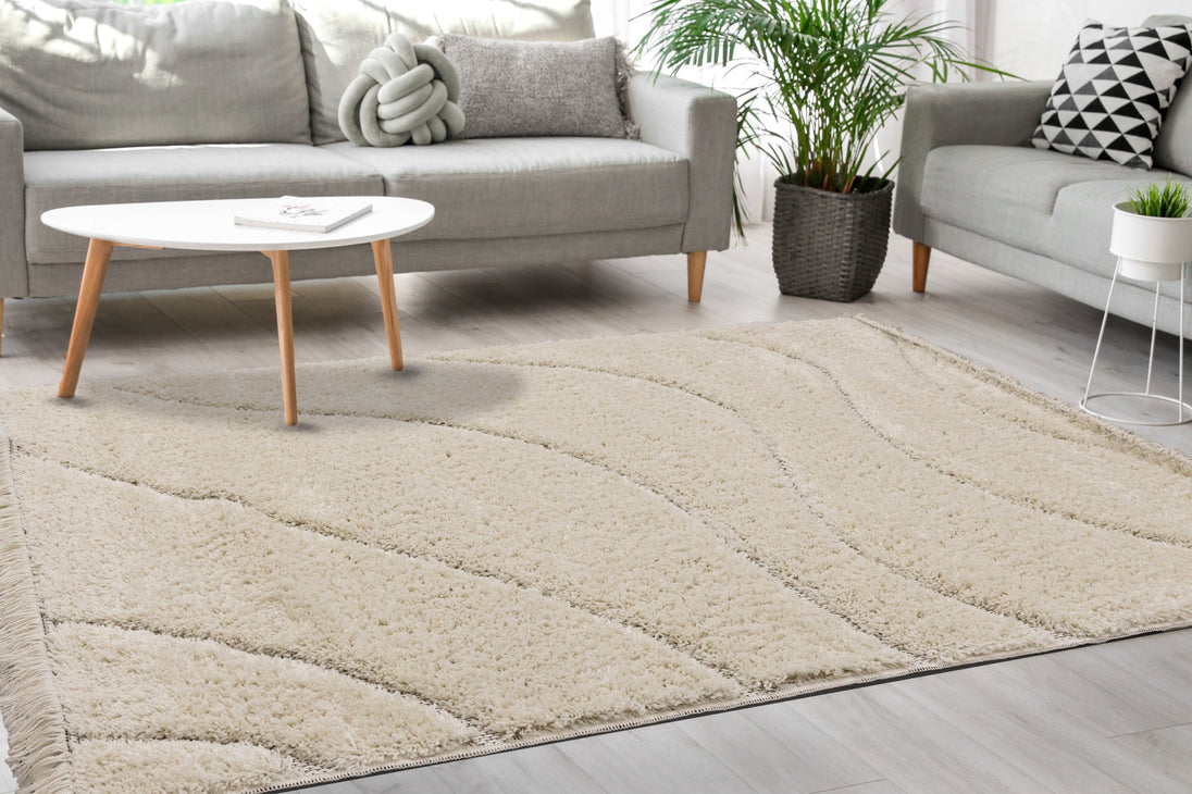 Novato Cream Curves Shag Rug - Furniture Depot