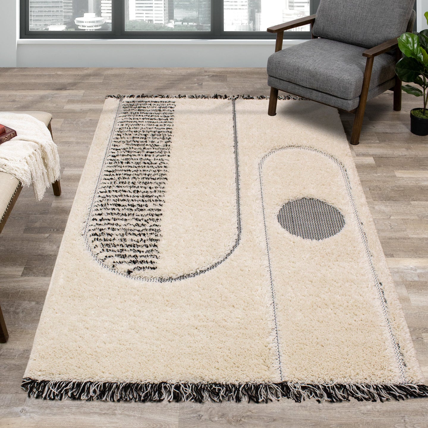 Novato Cream Black Geometric Modern Rug - Furniture Depot