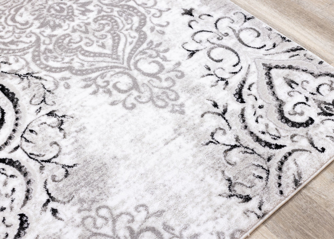 Platinum Venetian Silver Damask Rug - Furniture Depot