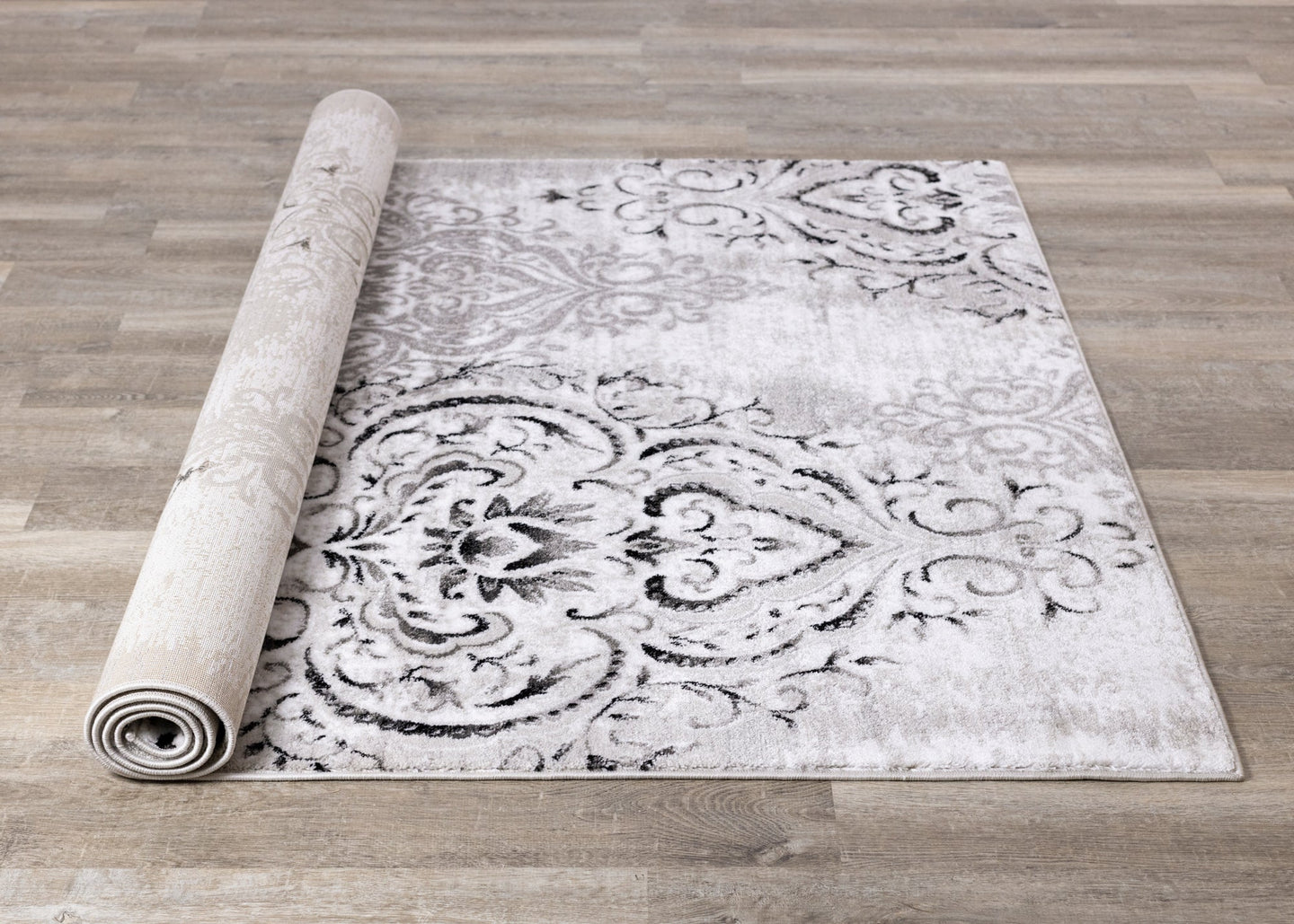 Platinum Venetian Silver Damask Rug - Furniture Depot