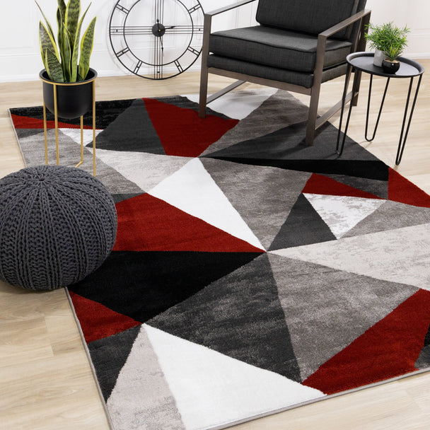 Platinum Red Grey Black Triangles Rug - Furniture Depot