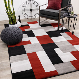 Platinum Red Black Grey Blocks Rug - Furniture Depot