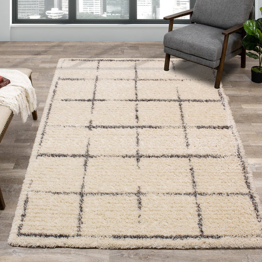 Rondo Cream Grey Grid Design Rug - Furniture Depot