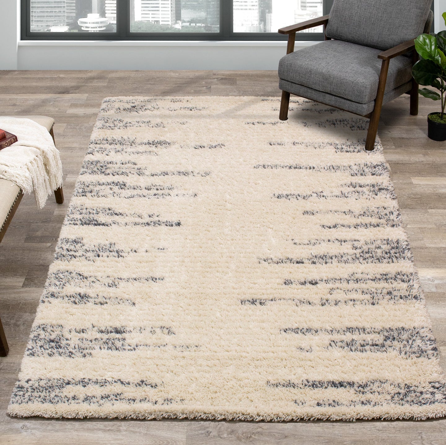 Rondo Cream Blue Modern Striped Rug - Furniture Depot