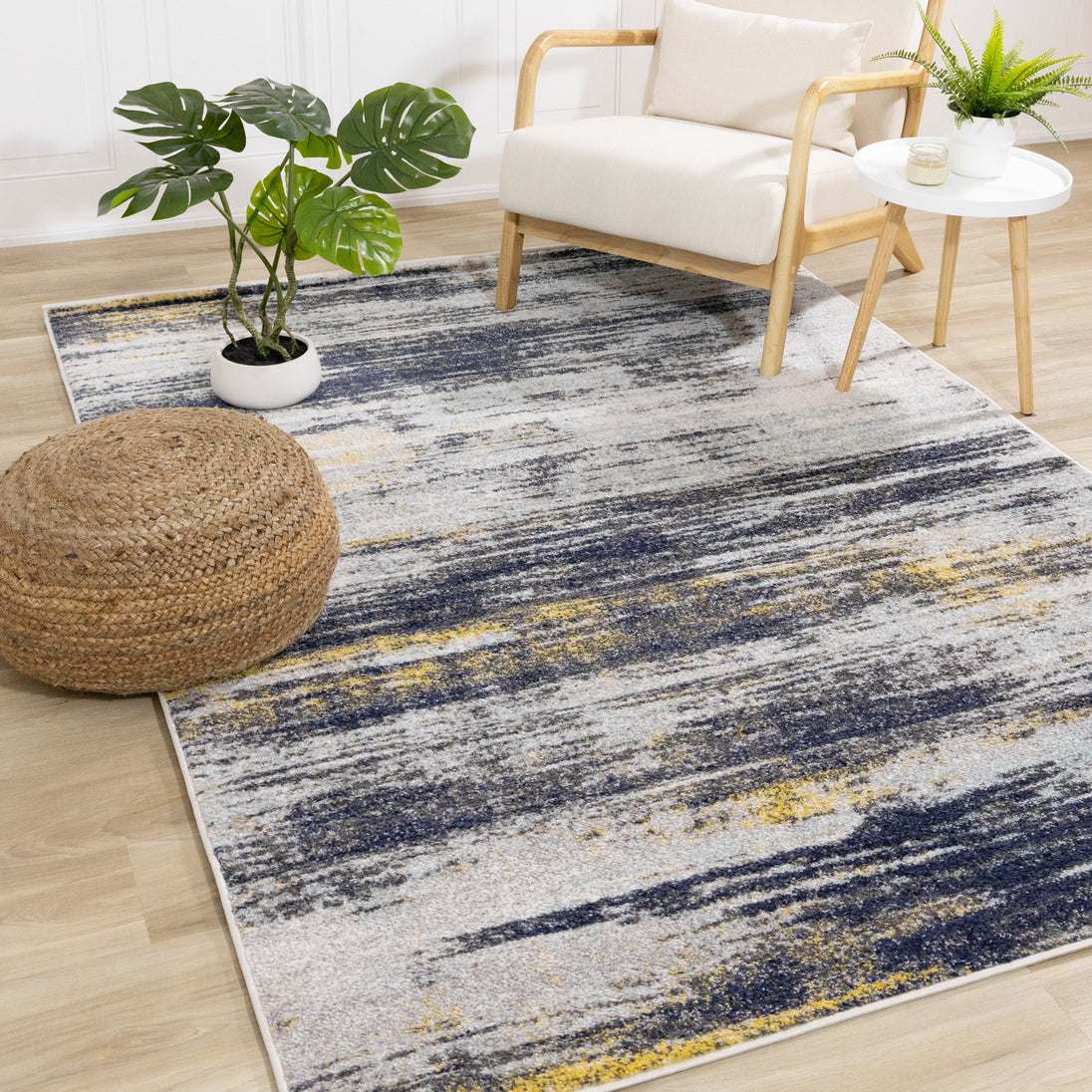 Saffron Cream Blue Smoothing Screen Rug - Furniture Depot