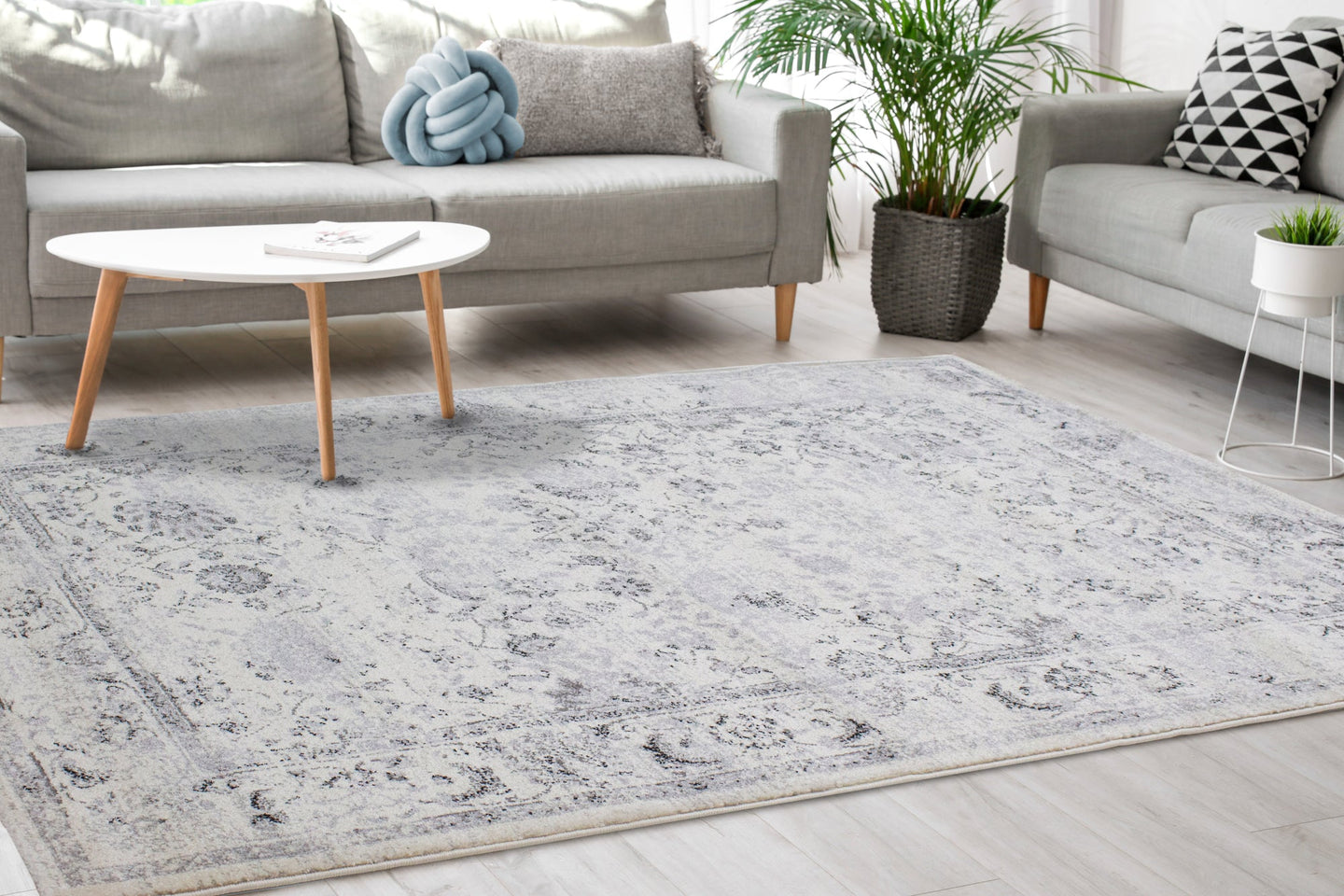 Safi Cream Grey Traditional Border Rug - Furniture Depot