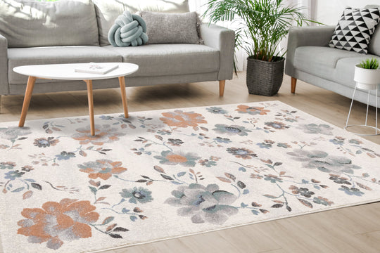 Safi Cream Grey Orange Floral Toile Rug - Furniture Depot