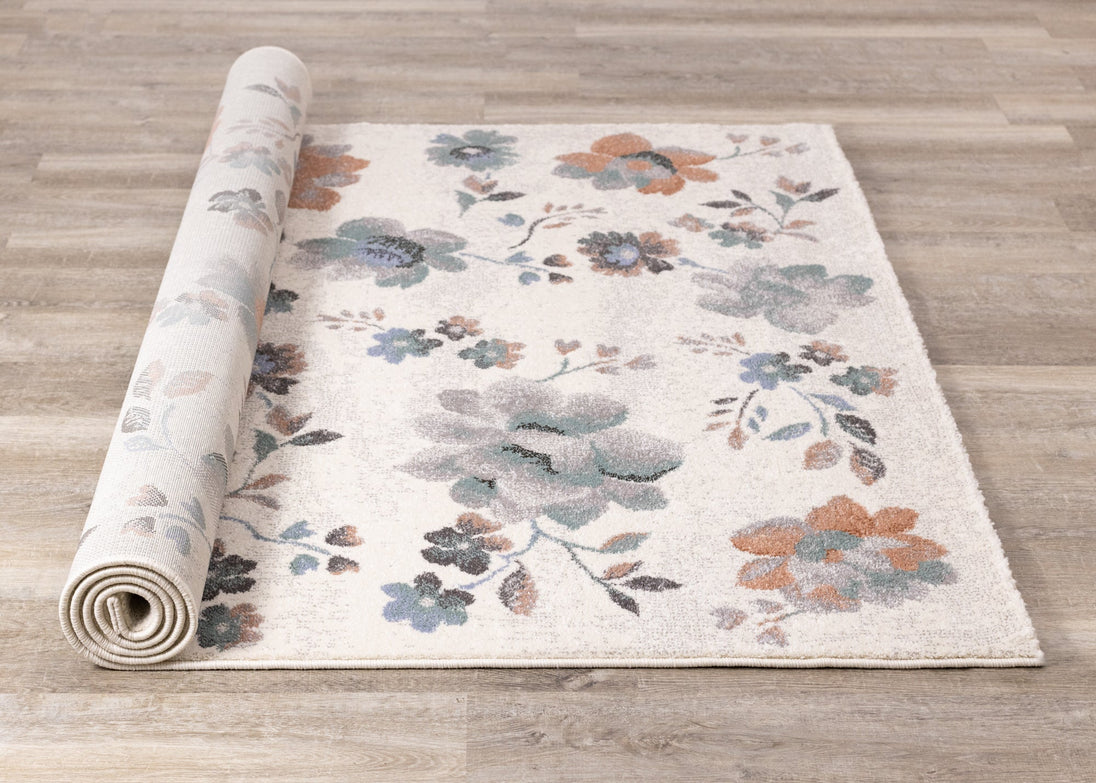 Safi Cream Grey Orange Floral Toile Rug - Furniture Depot