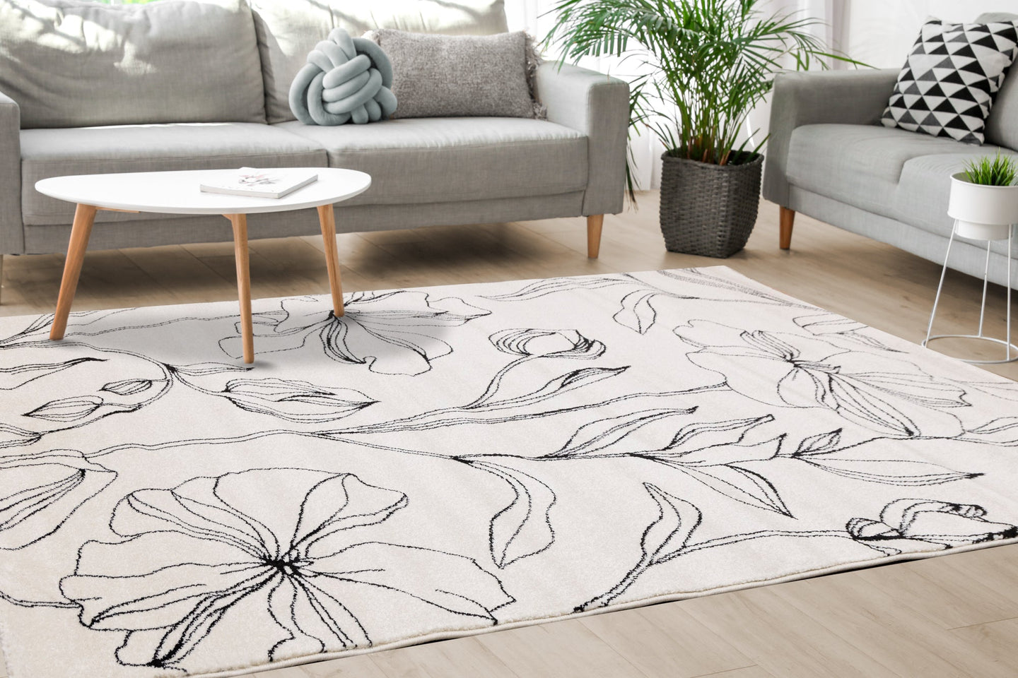 Safi Cream Grey Flower Rug - Furniture Depot