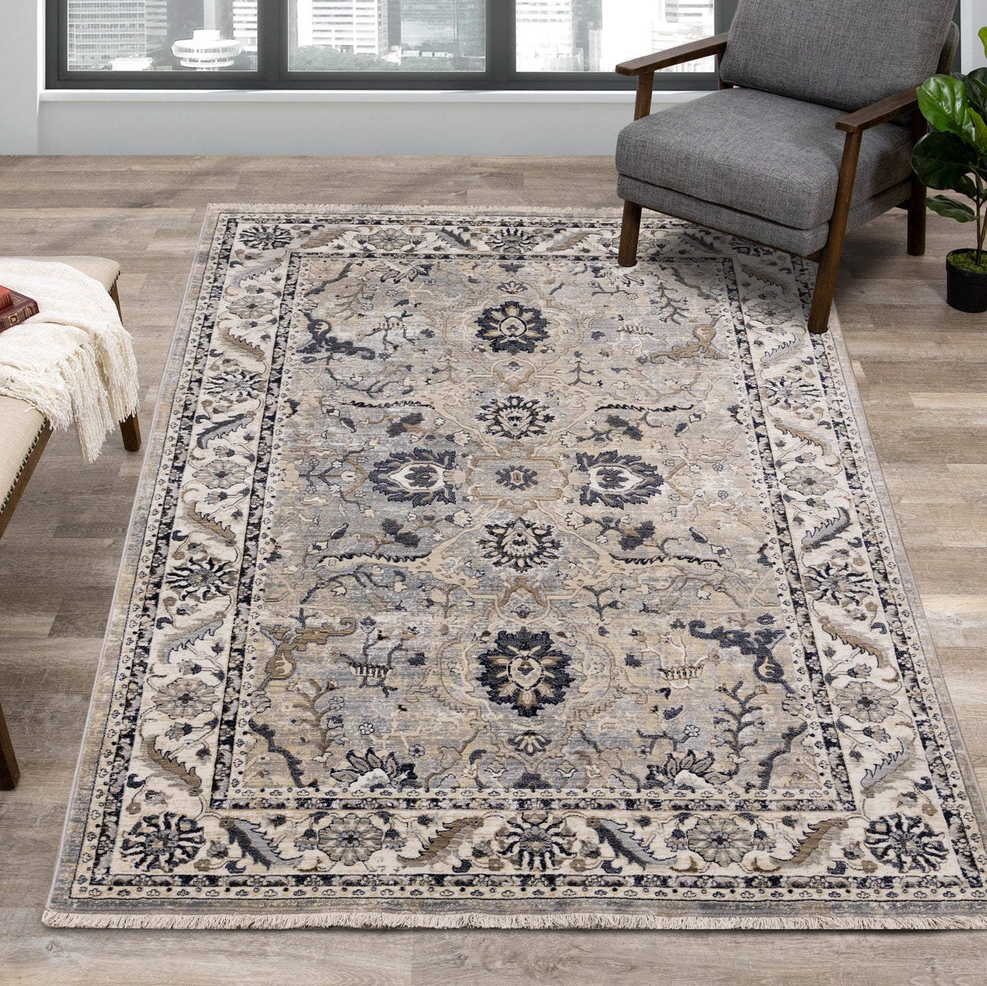 Samira Traditional Cream Blue Border Rug - Furniture Depot