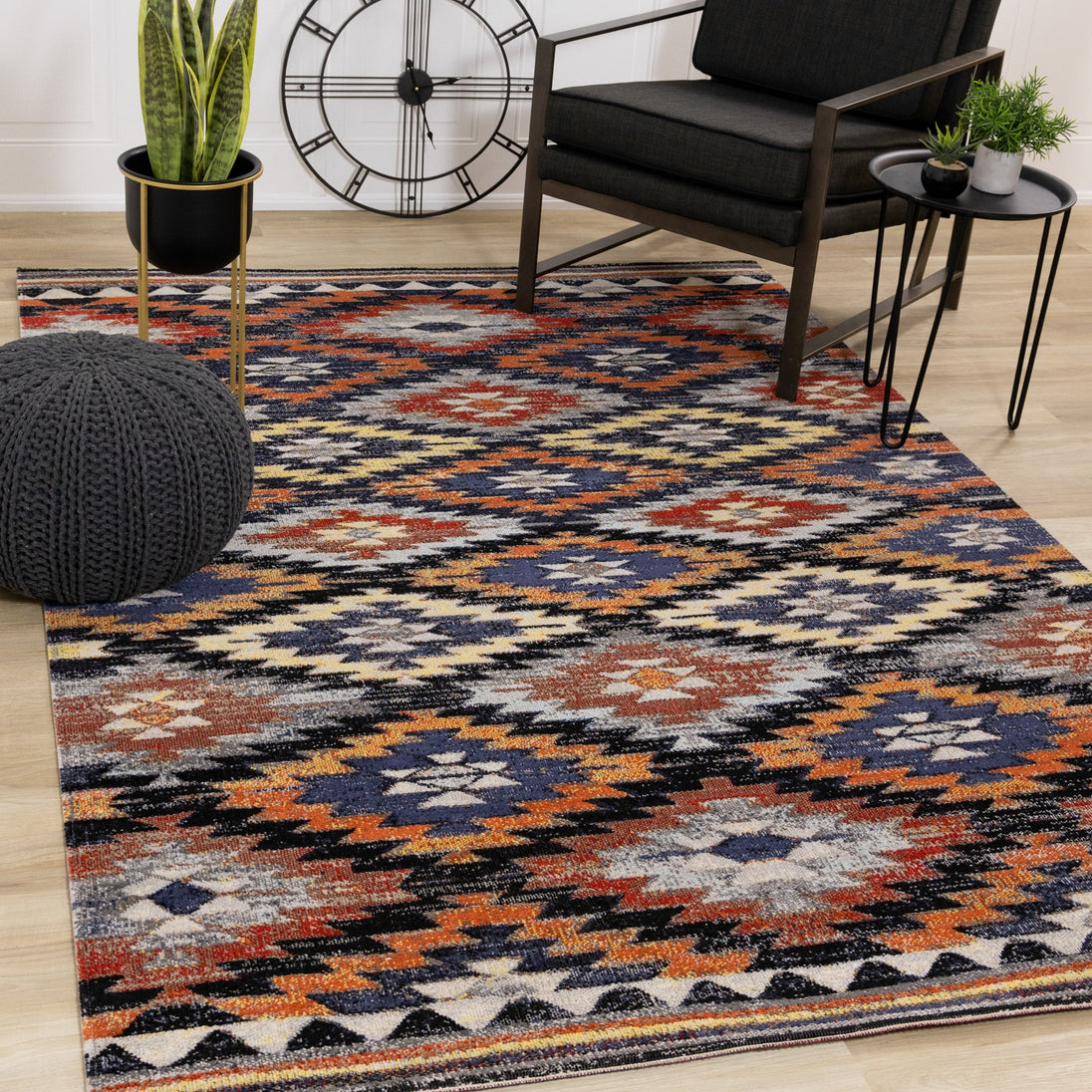 Sara Black Orange Bright Southwest Rug - Furniture Depot