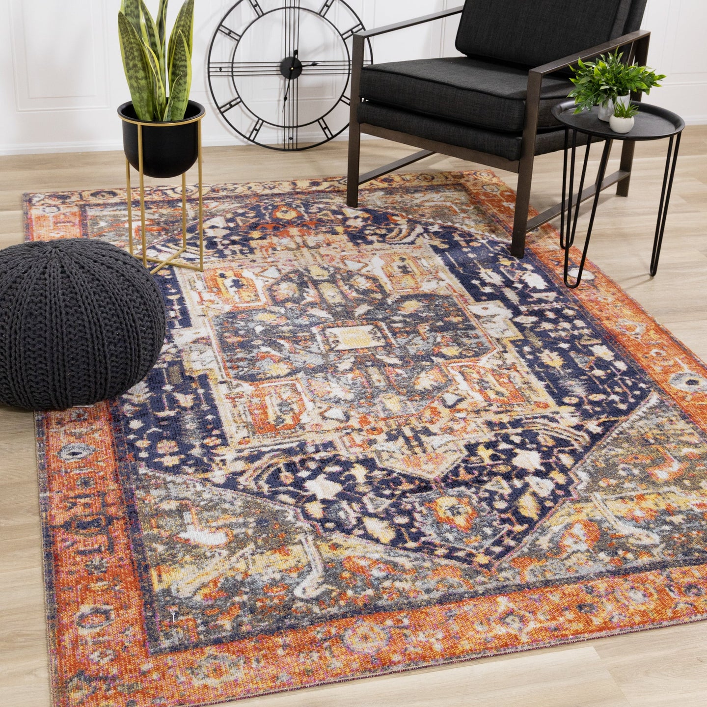 Sara Black Orange Ornate Border Rug - Furniture Depot