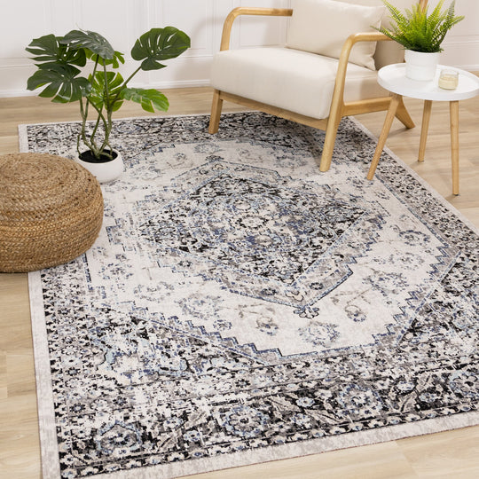 Sara Grey Blue Faded Border Rug - Furniture Depot