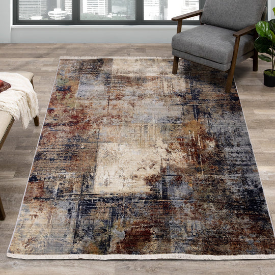 Serene Red Blue Beige Layered Distressed Rug - Furniture Depot