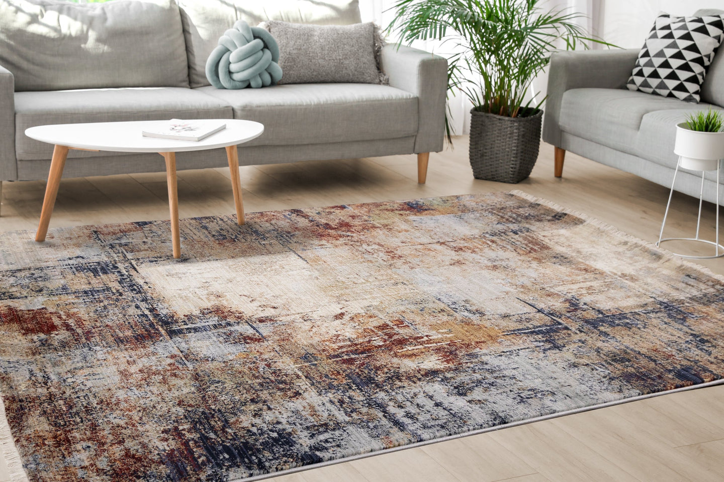 Serene Red Blue Beige Layered Distressed Rug - Furniture Depot