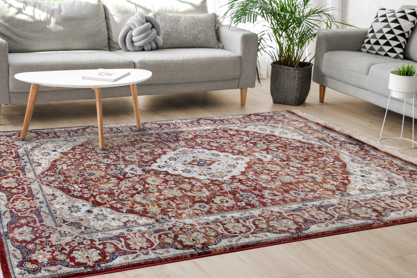 Serene Red Cream Classic Border Rug - Furniture Depot