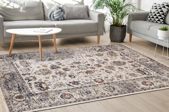 Serene Cream Blue Intricate Border Rug - Furniture Depot