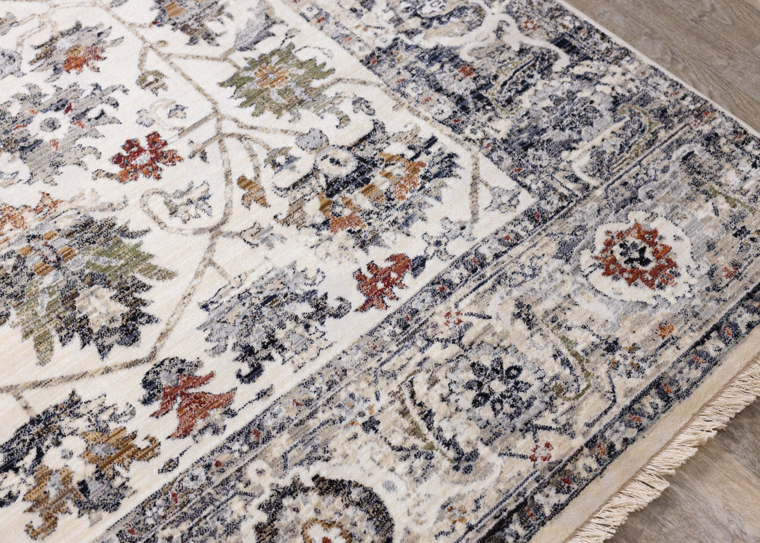 Serene Cream Blue Intricate Border Rug - Furniture Depot