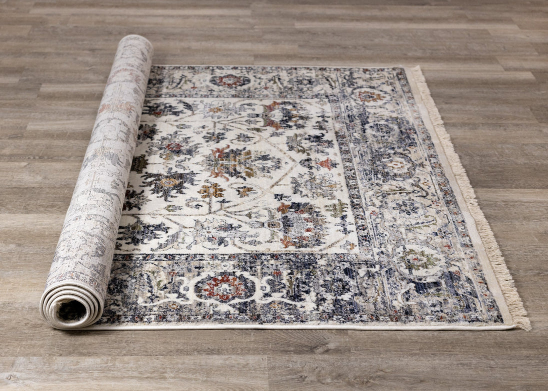 Serene Cream Blue Intricate Border Rug - Furniture Depot