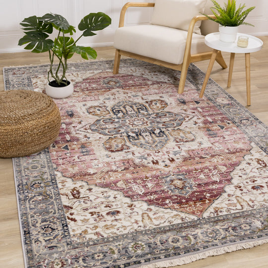 Serene Pink Cream Blue Elaborate Border Rug - Furniture Depot