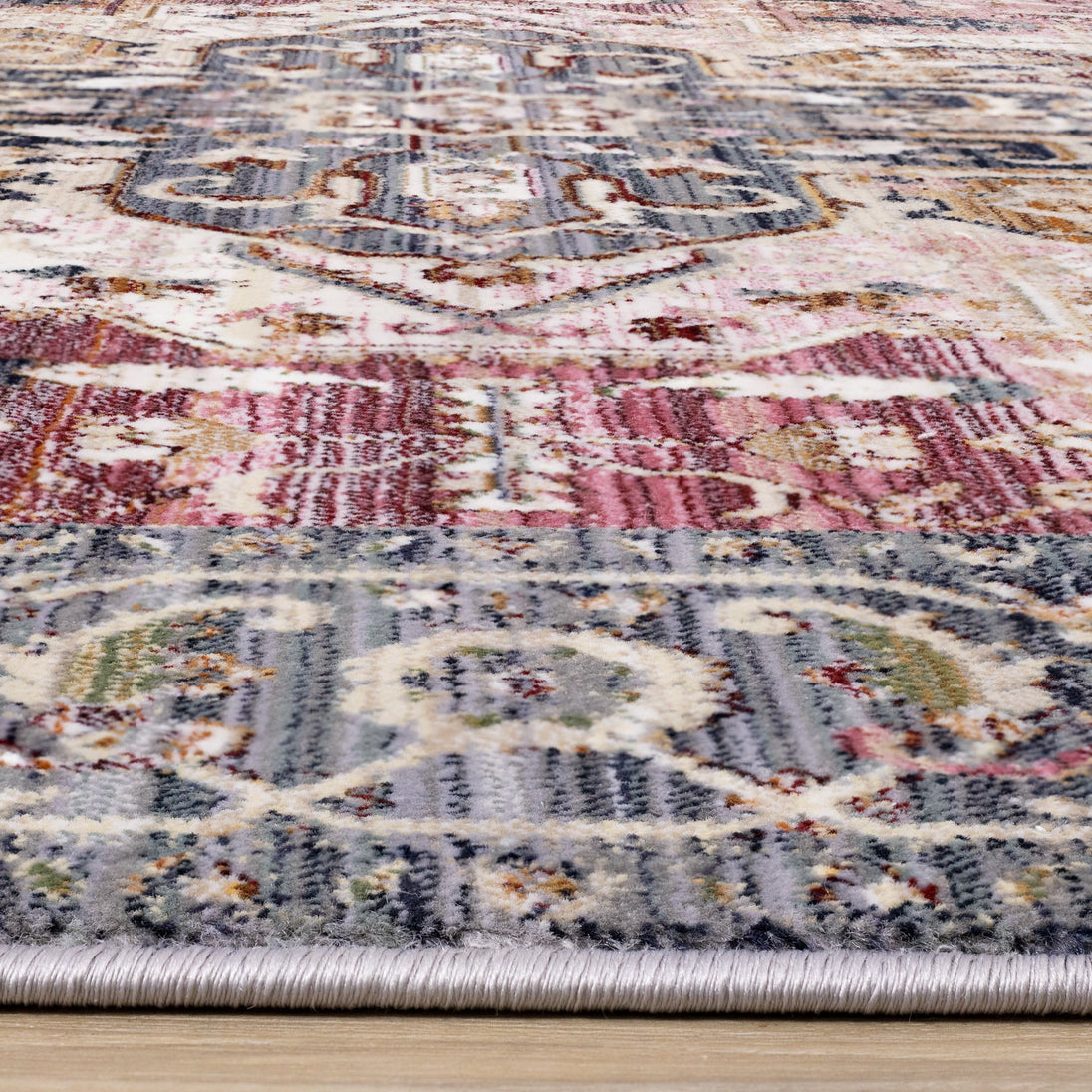 Serene Pink Cream Blue Elaborate Border Rug - Furniture Depot