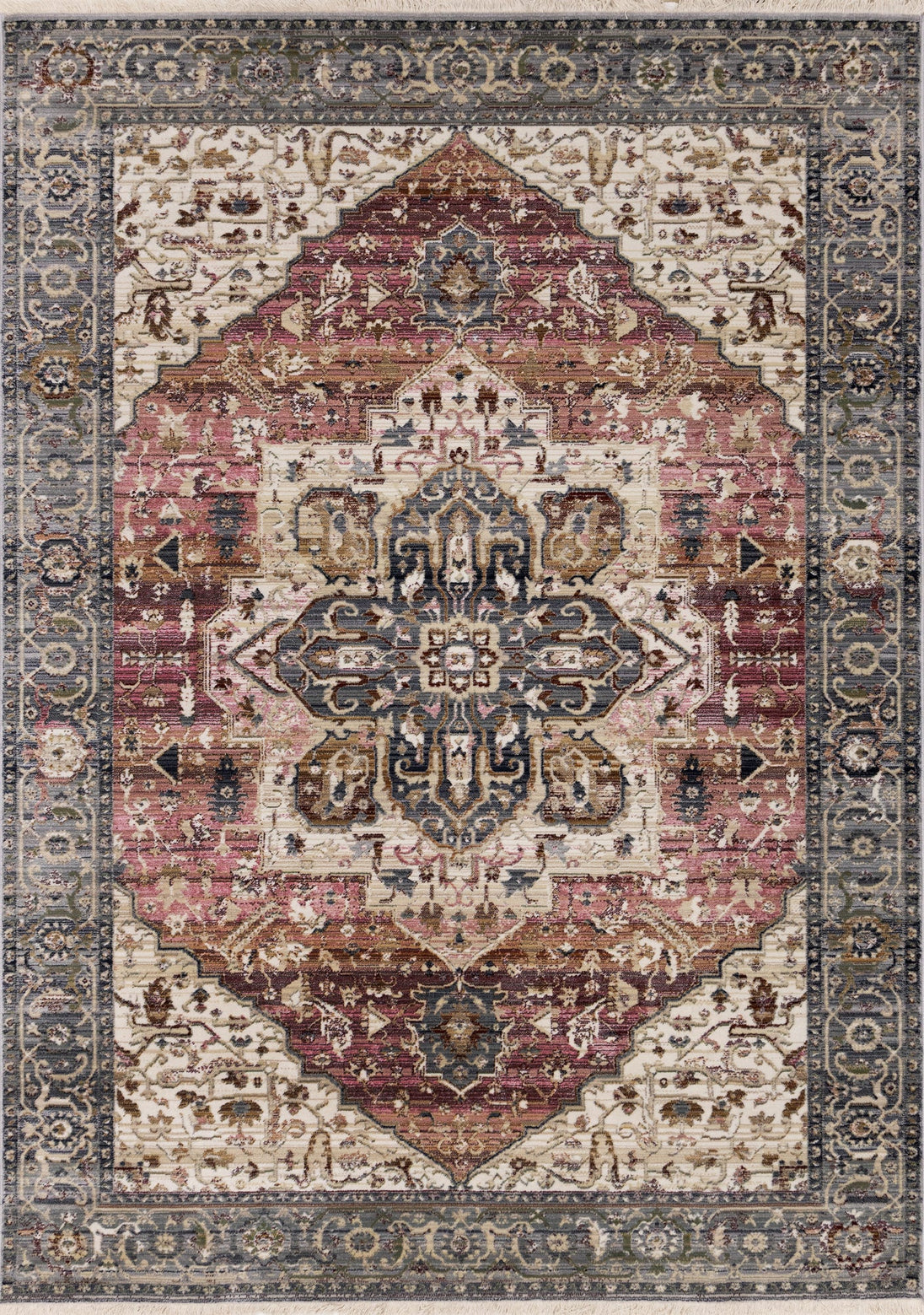 Serene Pink Cream Blue Elaborate Border Rug - Furniture Depot