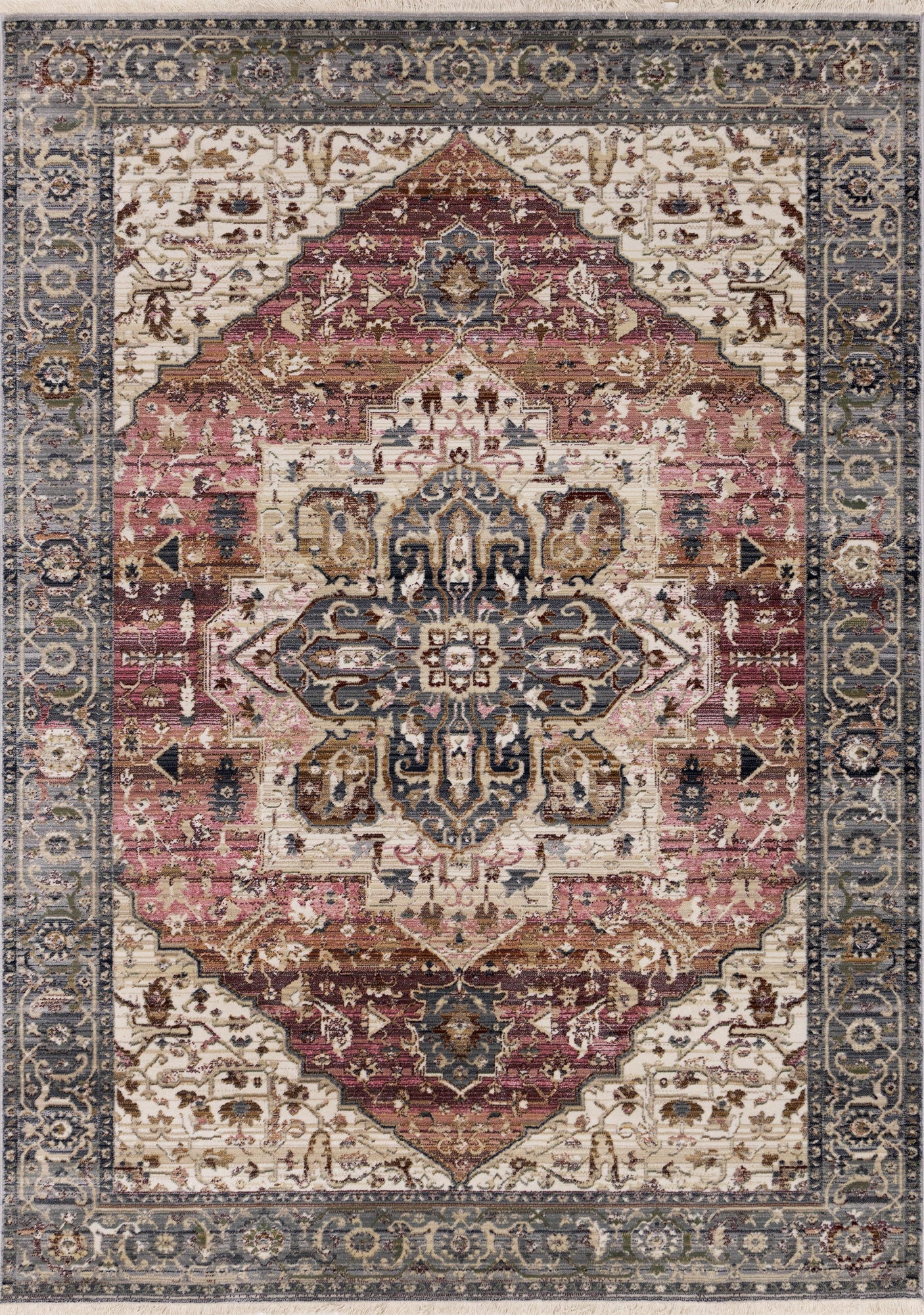 Serene Pink Cream Blue Elaborate Border Rug - Furniture Depot