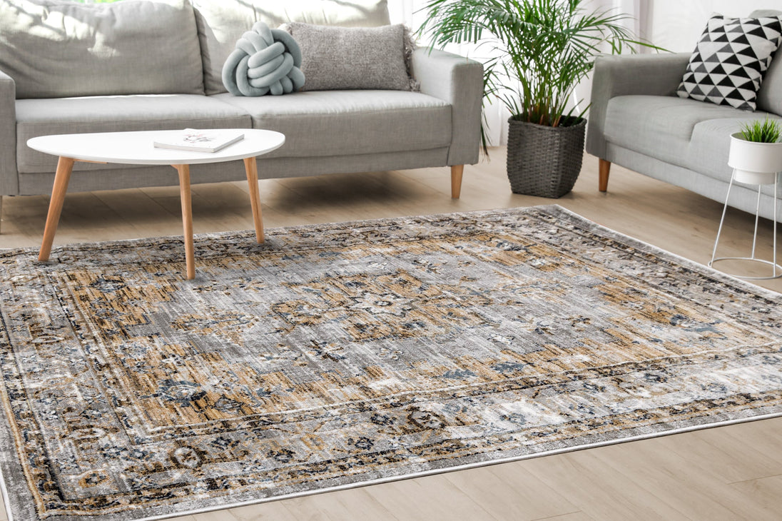 Sidra Grey Beige Blue Border Soft Touch Rug - Furniture Depot