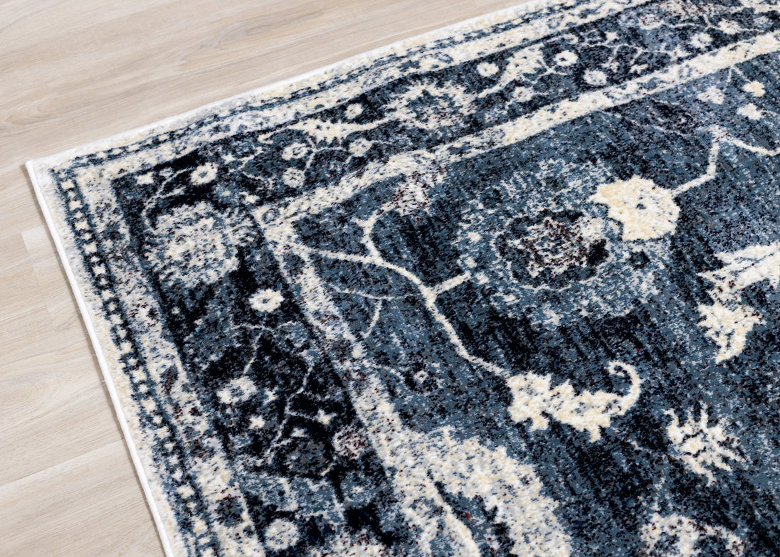 Sidra Distressed Blue Cream Border Rug - Furniture Depot