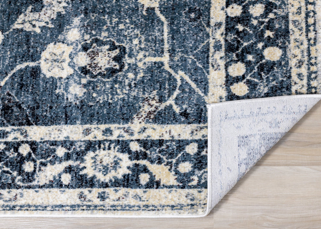 Sidra Distressed Blue Cream Border Rug - Furniture Depot