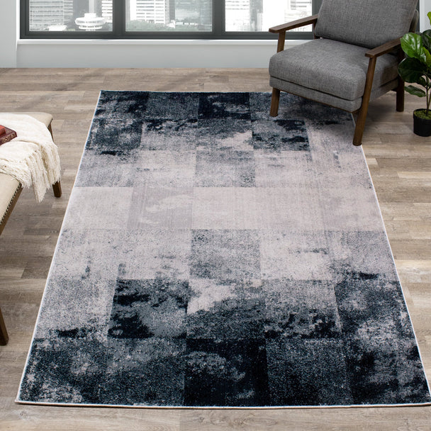 Sidra Cream Grey Blue Distressed Squares Rug - Furniture Depot