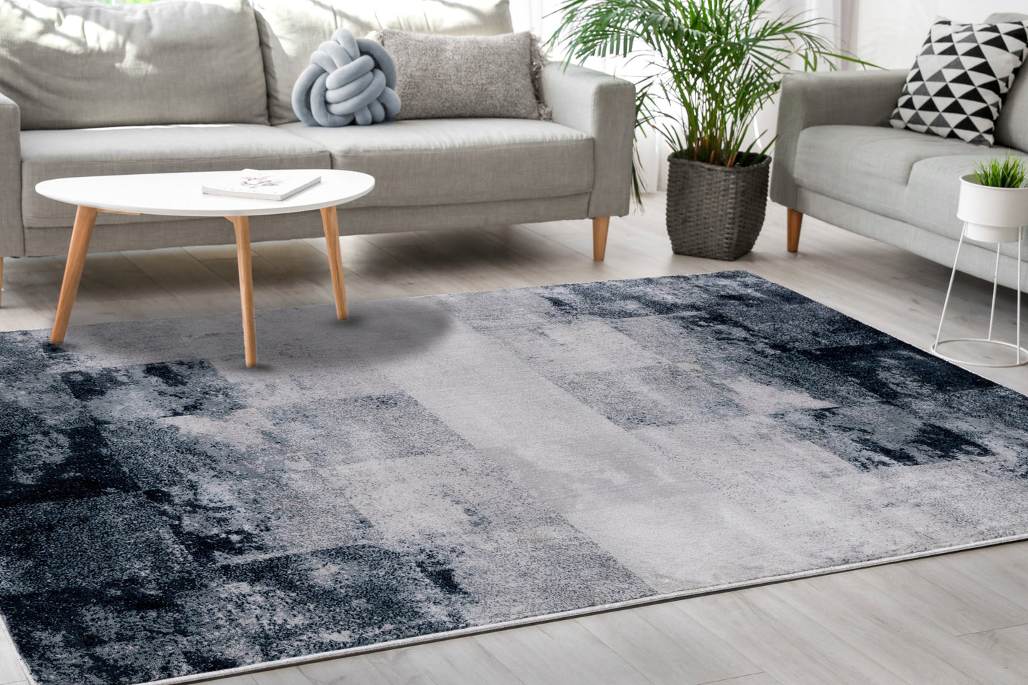 Sidra Cream Grey Blue Distressed Squares Rug - Furniture Depot