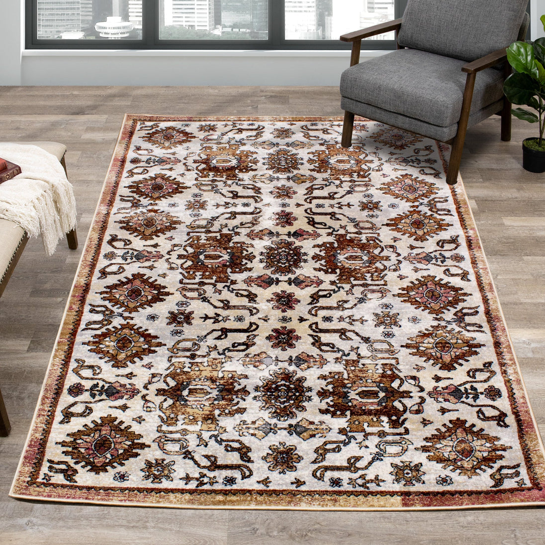 Sidra Cream Orange Beige Traditional Rug - Furniture Depot