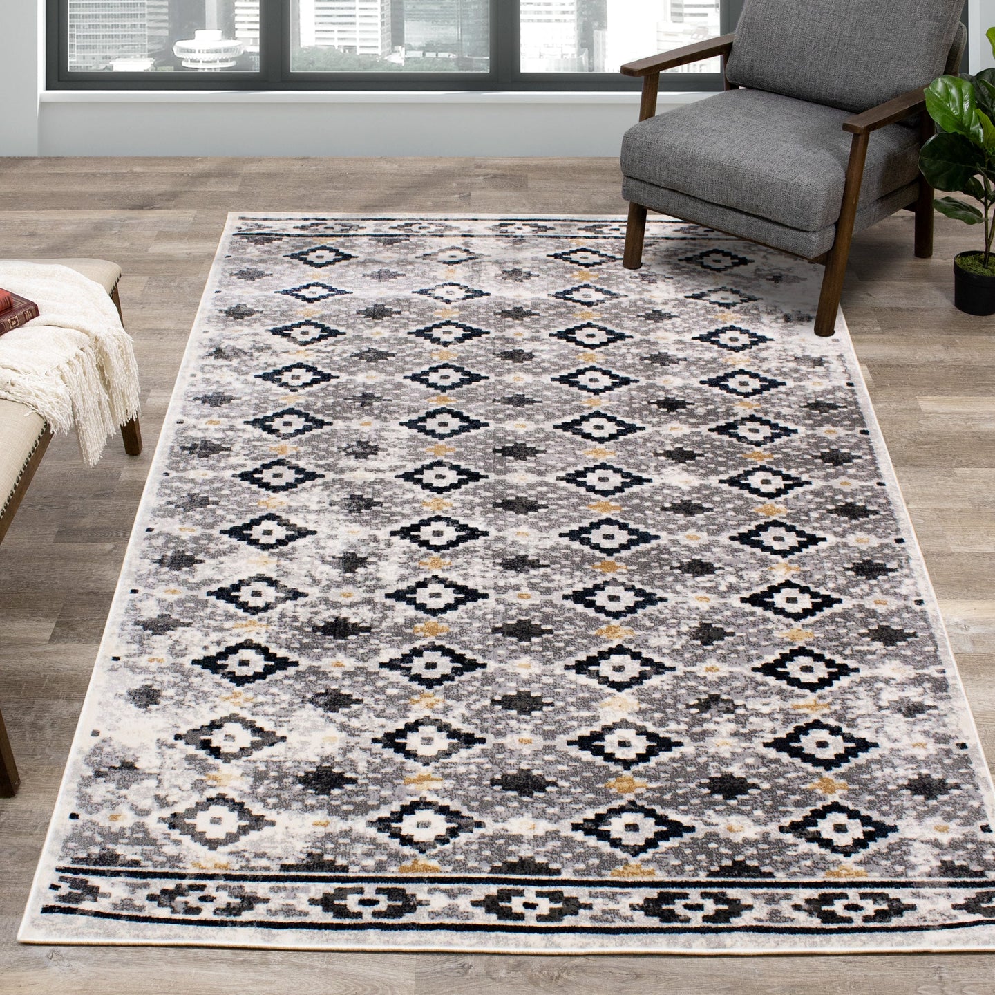 Sidra Grey Cream Yellow Geometric Pattern Rug - Furniture Depot