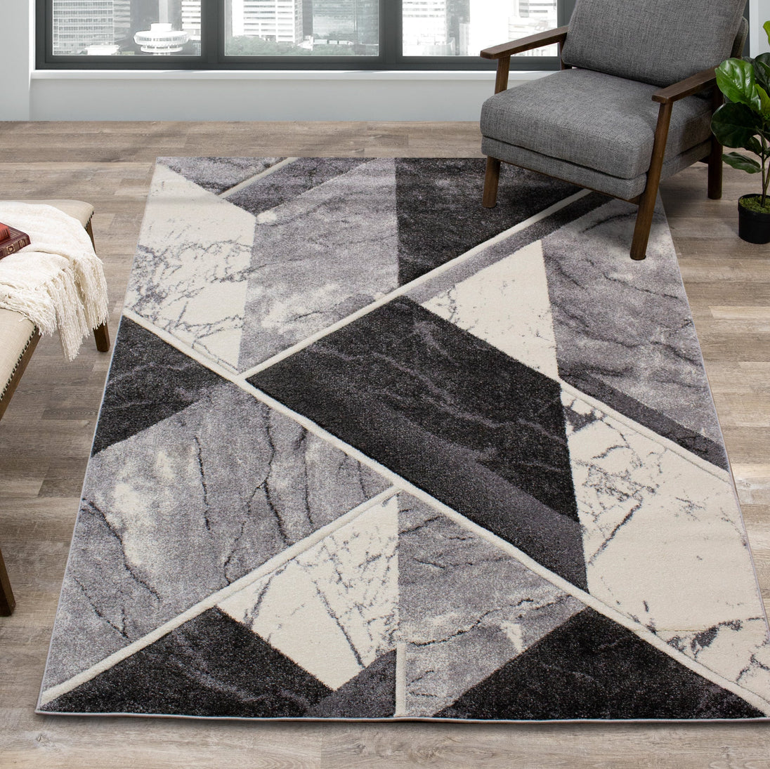 Soho Grey White Geometric Marble Rug - Furniture Depot