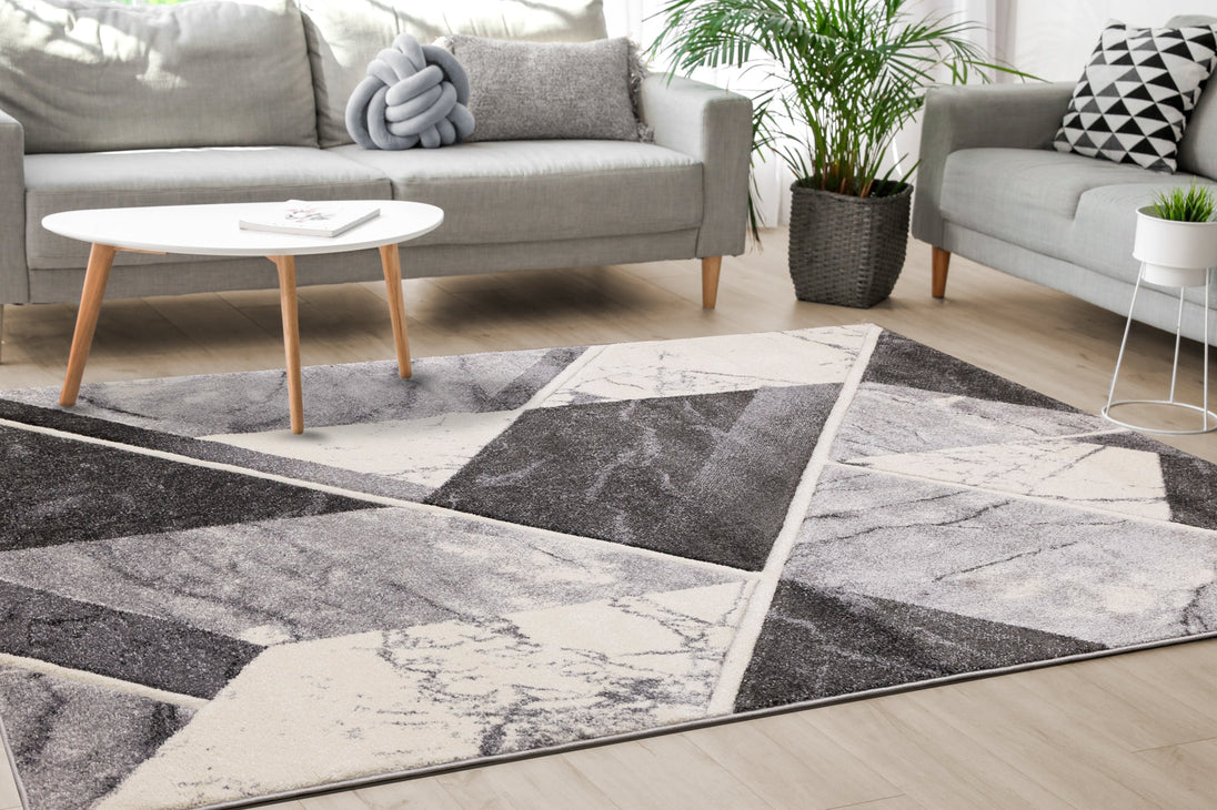 Soho Grey White Geometric Marble Rug - Furniture Depot