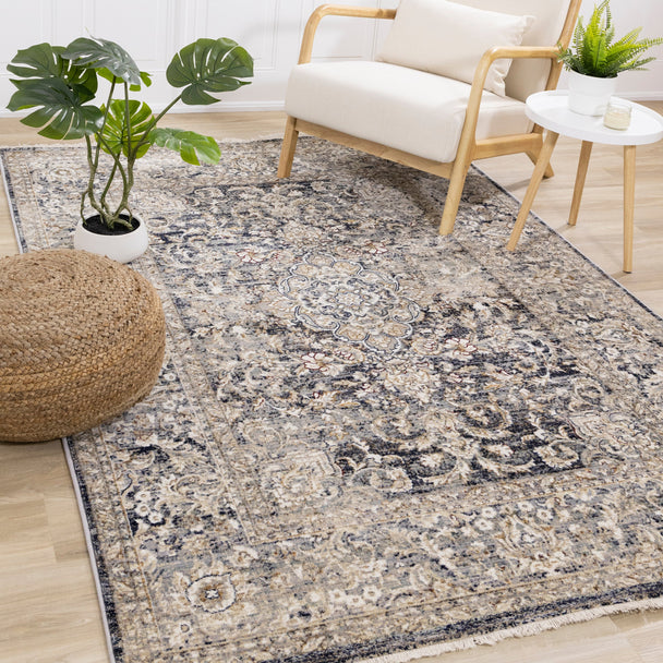 Serene Grey Beige Floral Medallion Border Rug - Furniture Depot