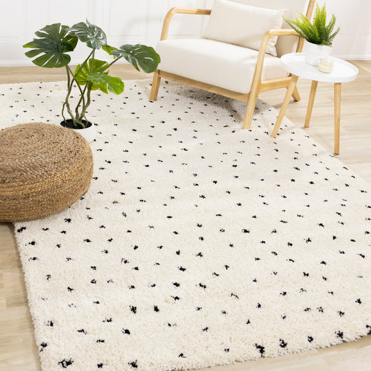 Maroq Cream Black Polka Dot Shag Rug - Furniture Depot