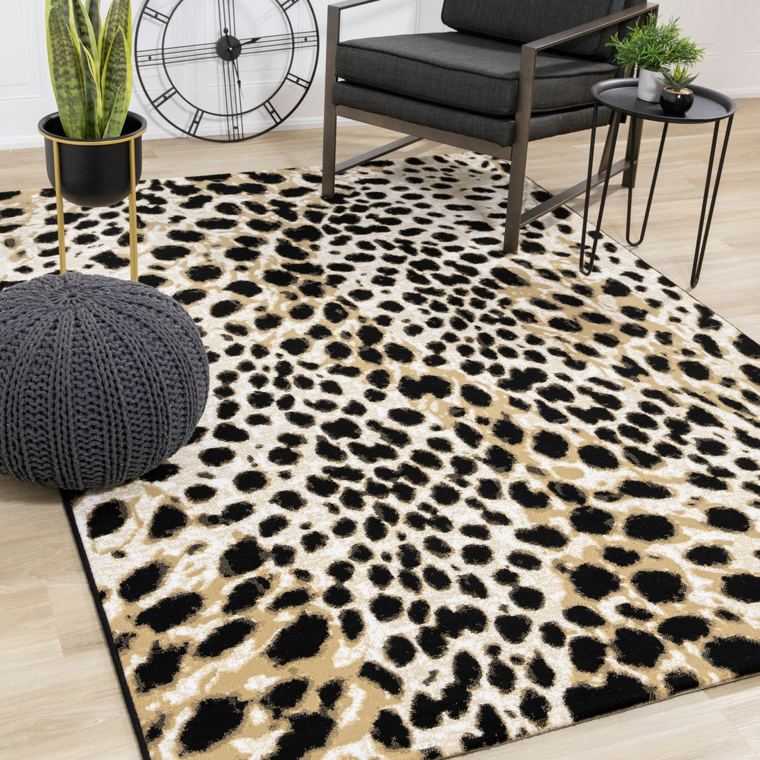 Claro Black Beige Leopard Print Plush Rug - Furniture Depot