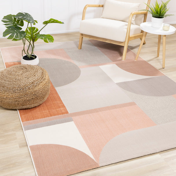 Belle Pink Grey Cream Multi-Geometric Pattern Plush Rug - Furniture Depot