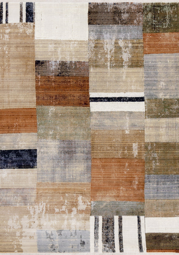 Serene Beige Orange Blue Cream Patchwork Quilt Design Rug - Furniture Depot