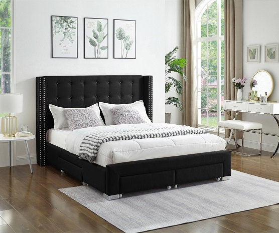 5329 Victory Black Linen Platform Bed w/ Storage Drawers (Queen/King) - Furniture Depot