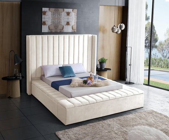 Marcie Cream Velvet Platform Bed w/ Benches (Queen/King) - Furniture Depot