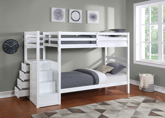 1892 Cait Wood Bunk Bed w/ Trundle Bed & Drawers (Twin/Twin) White - Furniture Depot