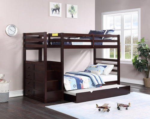 1890 Cait Wood Bunk Bed w/ Trundle Bed & Drawers (Twin/Twin) Espresso - Furniture Depot