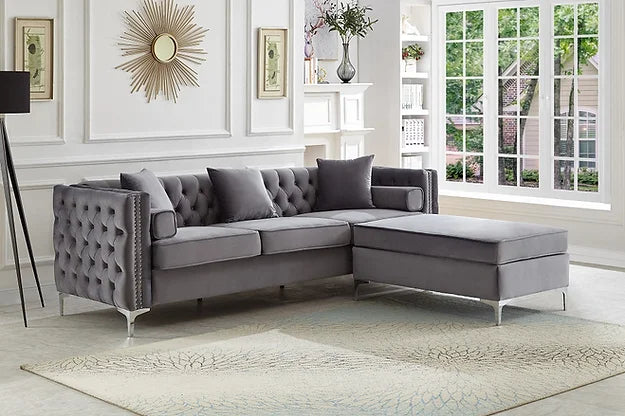 Emma Collection-Velvet Reversible Sofa Sectional With Deep Tufting and nail head - Furniture Depot