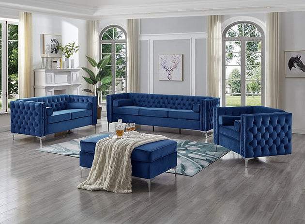 Emma Collection - Velvet Fabric Deep Tufting in Blue - Furniture Depot